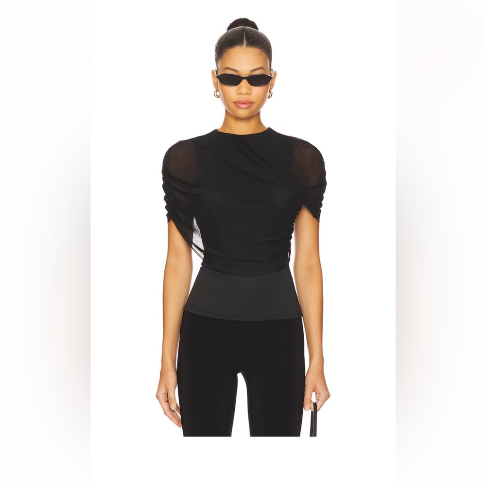 REVOLVE Black Sheer Ruched Sleeve Draped Top